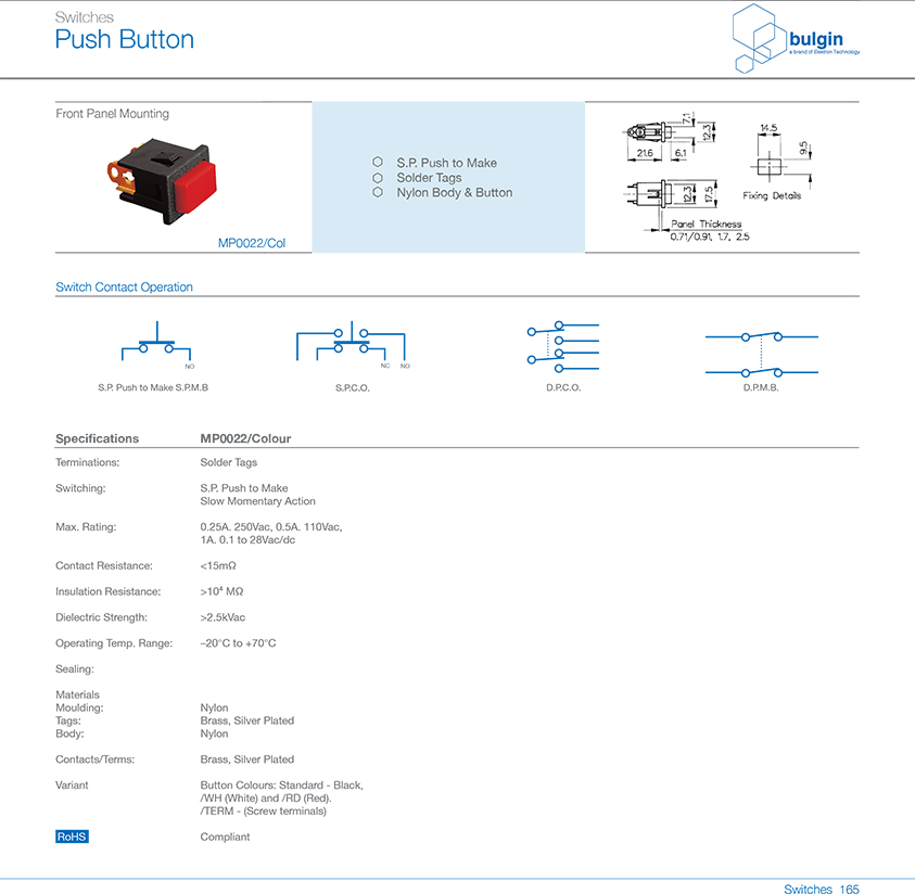 MP0016系列后面板安裝按鈕開關技術參數 MP0016系列后面板安裝按鈕開關技術參數